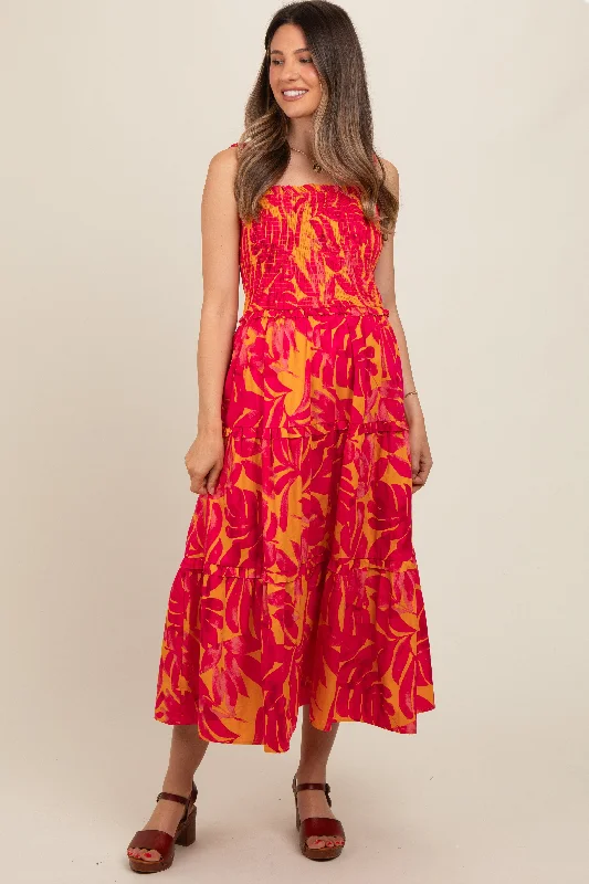 Coral Tropical Smocked Ruffle Tiered Maternity Midi Dress Elegant Floral Midi Dress