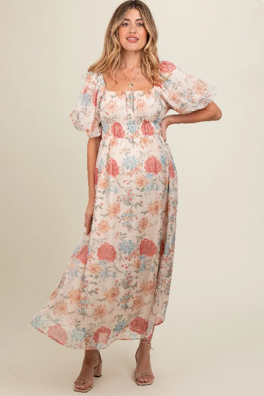 Cream Blue Floral Chiffon Puff Sleeve Maternity Midi Dress Fashionable Wide Leg Midi Dress Cream Blue Floral Chiffon Puff Sleeve Maternity Midi Dress Fashionable Wide Leg Midi Dress