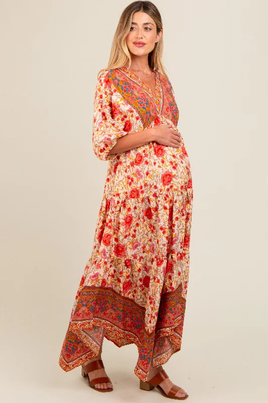 Cream Floral Border Print V-Neck Tiered Maternity Midi Dress Trendy Ruched Side Midi Dress Cream Floral Border Print V-Neck Tiered Maternity Midi Dress Trendy Ruched Side Midi Dress