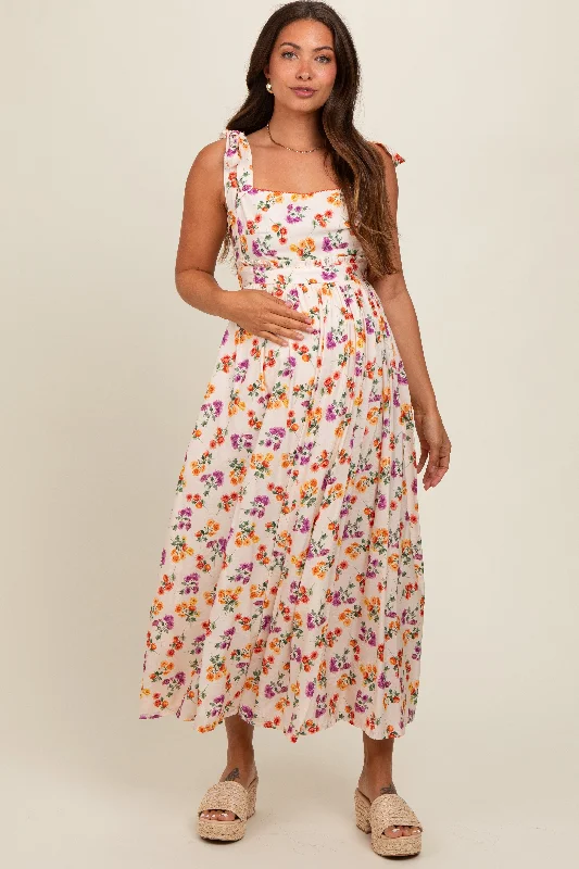 Cream Floral Open Back Maternity Midi Dress Stylish Button-Down Midi Dress