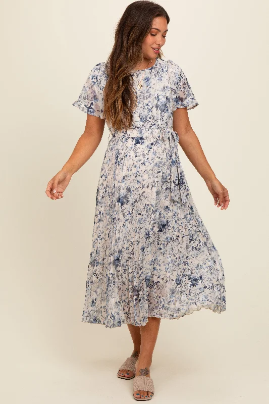 Cream Floral Pleated Maternity Midi Dress Stylish Button-Down Midi Dress