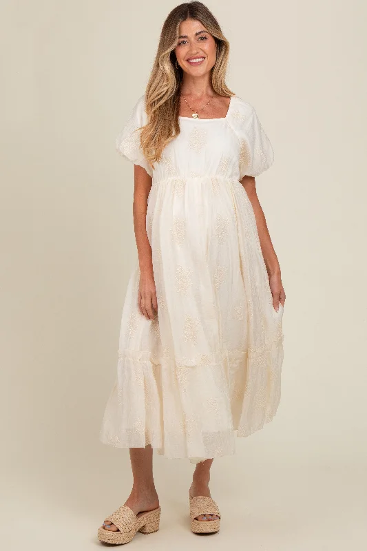 Cream Floral Print Ruffle Hem Maternity Midi Dress Stylish Wraparound Midi Dress