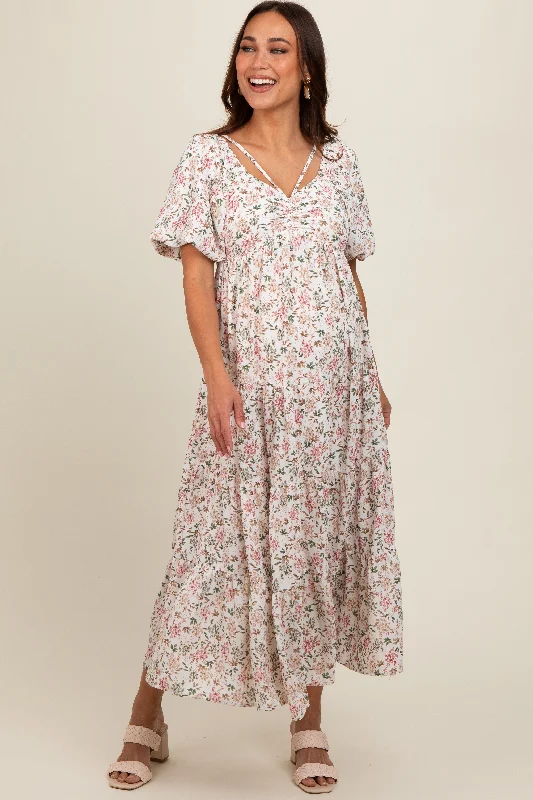 Cream Floral Ruched Strappy V-Neck Front Puff Short Sleeve Maternity Midi Dress Stylish Midi Dress with Cuffs Cream Floral Ruched Strappy V-Neck Front Puff Short Sleeve Maternity Midi Dress Stylish Midi Dress with Cuffs