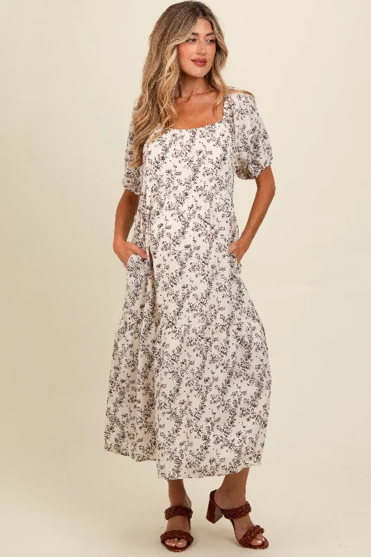 Cream Floral Ruffle Hem Maternity Midi Dress Stylish Wraparound Midi Dress