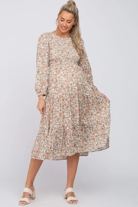 Cream Floral Smocked 3/4 Sleeve Maternity Midi Dress Trendy Ruffled Sleeve Midi Dress Cream Floral Smocked 3/4 Sleeve Maternity Midi Dress Trendy Ruffled Sleeve Midi Dress