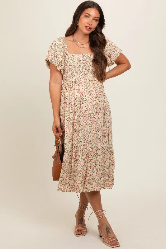 Cream Floral Smocked Maternity Midi Dress Comfortable Adjustable Strap Midi Dress