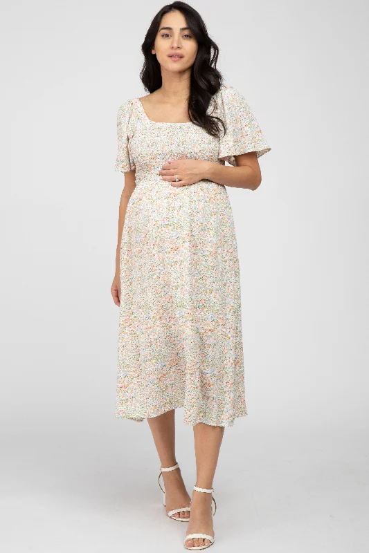 Cream Floral Smocked Square Neck Maternity Midi Dress Fashionable Skater Midi Dress