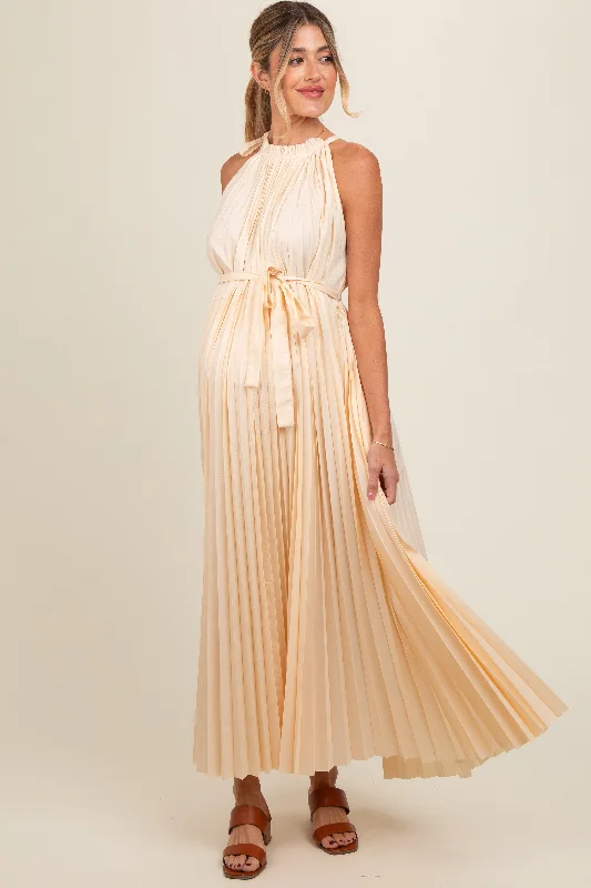 Cream Pleated Empire Tied Waist Maternity Midi Dress Fashionable Chiffon Midi Dress