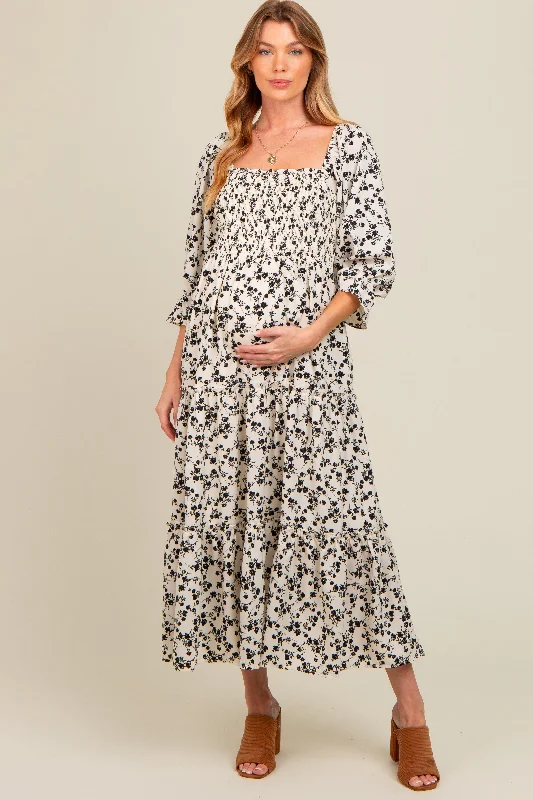 Cream Smocked Tiered Pocketed Maternity Midi Dress Trendy Flared Sleeve Midi Dress