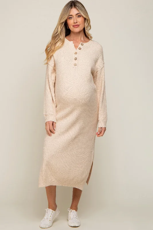 Cream Waffle Knit Button Long Sleeve Maternity Midi Dress Elegant Satin Midi Dress