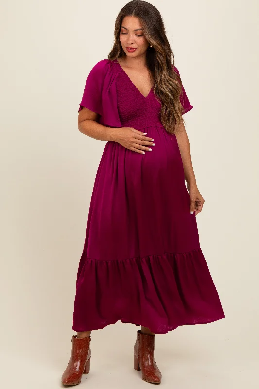 Deep Red Satin Smocked Maternity Midi Dress Elegant Faux Wrap Midi Dress