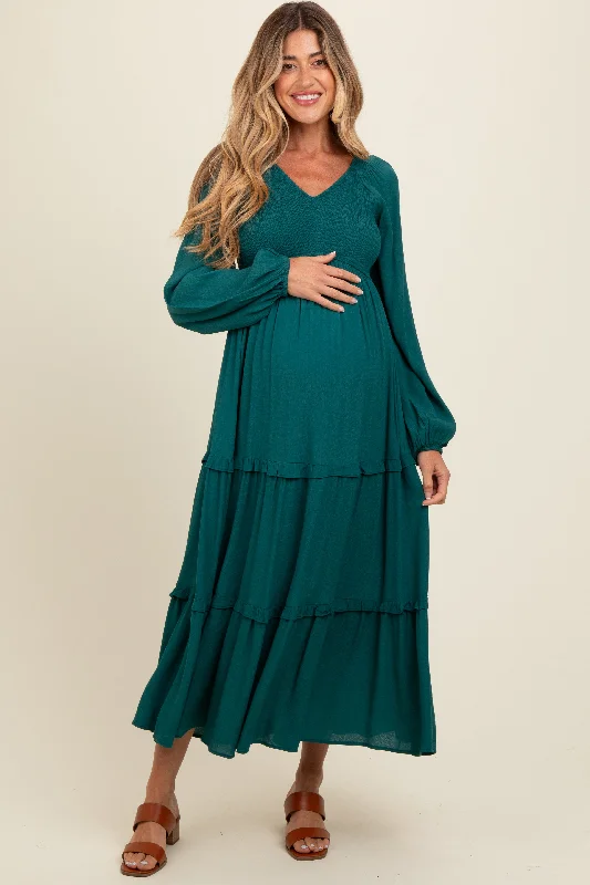 Emerald Smocked Tiered Maternity Midi Dress Cozy Tie-Dye Midi Dress