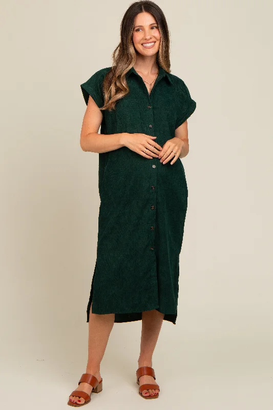 Forest Green Corduroy Button Down Maternity Midi Dress Comfortable Wrap Midi Dress