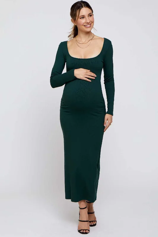 Forest Green Ribbed Scoop Neck Maternity Midi Dress Elegant Pleated Sleeve Midi Dress Forest Green Ribbed Scoop Neck Maternity Midi Dress Elegant Pleated Sleeve Midi Dress