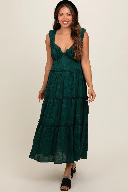 Forest Green Textured Tiered Maternity Midi Dress Comfortable Deep V Midi Dress