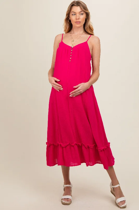 Fuchsia Button Front Pocketed Maternity Midi Dress Elegant Puff Sleeve Midi Dress