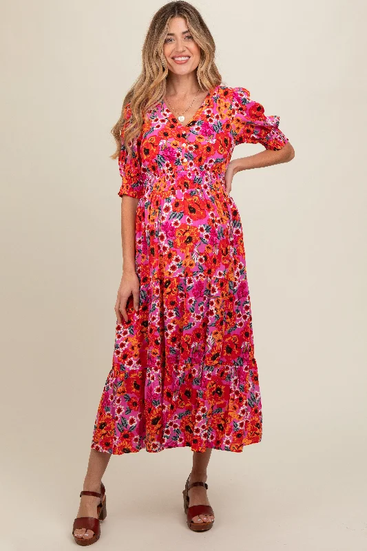 Fuchsia Floral Button Front Smocked Waist Tiered Maternity Midi Dress Trendy Shift Midi Dress