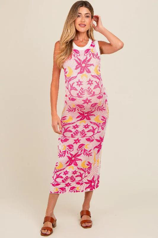 Fuchsia Floral Sleeveless Maternity Midi Dress Elegant Satin Midi Dress