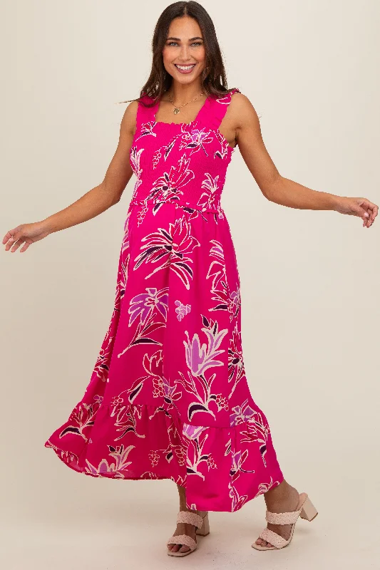 Fuchsia Floral Smocked Maternity Midi Dress Fashionable Off-Shoulder Dress Midi