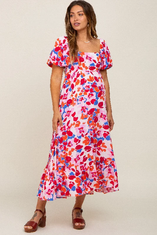 Fuchsia Floral Square Neck Short Puff Sleeve Maternity Midi Dress Stylish Long Sleeve Floral Midi Dress Fuchsia Floral Square Neck Short Puff Sleeve Maternity Midi Dress Stylish Long Sleeve Floral Midi Dress