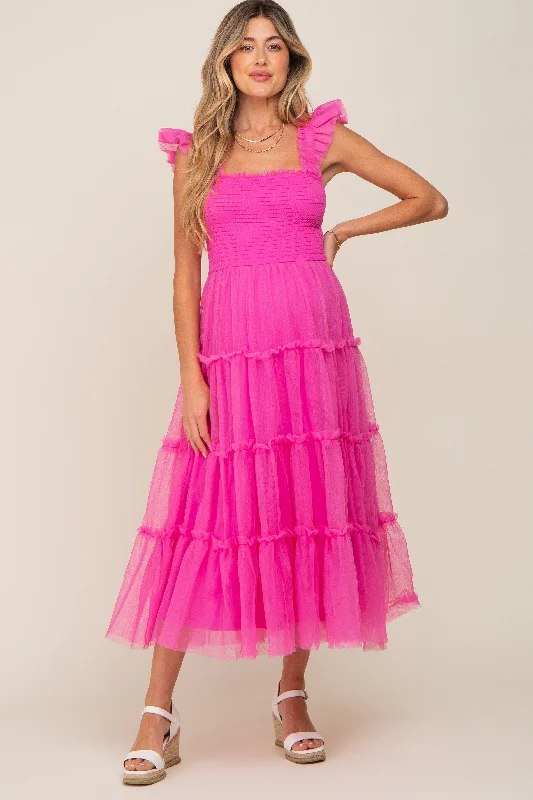 Fuchsia Smocked Mesh Ruffle Accent Maternity Midi Dress Stylish Striped Midi Dress