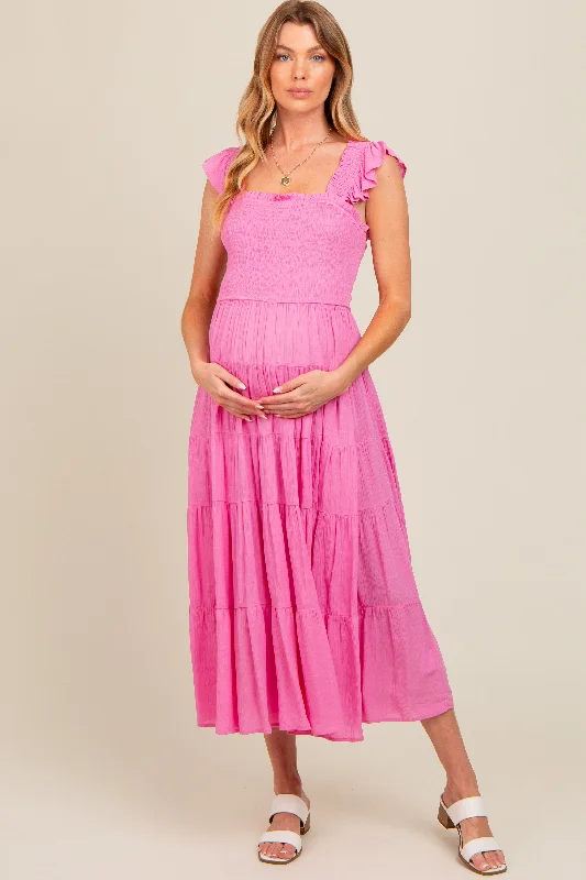 Fuchsia Smocked Tiered Ruffle Strap Maternity Midi Dress Stylish Halter Neck Midi Dress Fuchsia Smocked Tiered Ruffle Strap Maternity Midi Dress Stylish Halter Neck Midi Dress