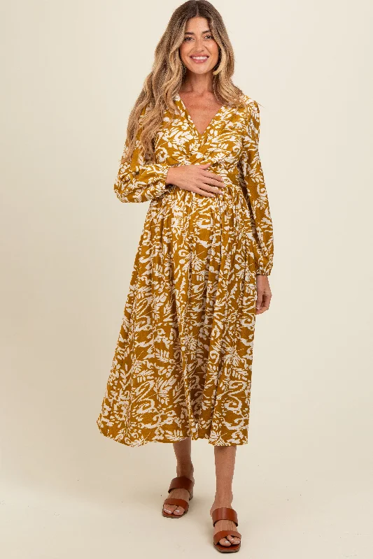 Gold Abstract Floral Gathered Front Maternity Midi Dress Stylish Button-Down Midi Dress