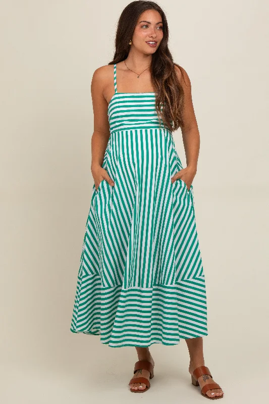 Green Contrast Stripe Maternity Midi Dress Trendy Knit Midi Dress