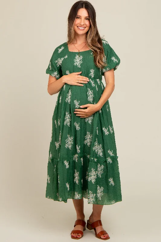 Green Floral Print Ruffle Hem Maternity Midi Dress Trendy Floral Wrap Midi Dress