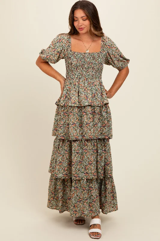 Green Floral Print Ruffle Tiered Maternity Midi Dress Comfortable Adjustable Strap Midi Dress