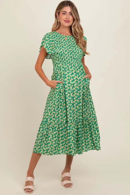 Green Floral Smocked Maternity Midi Dress Fashionable A-Line Midi Dress