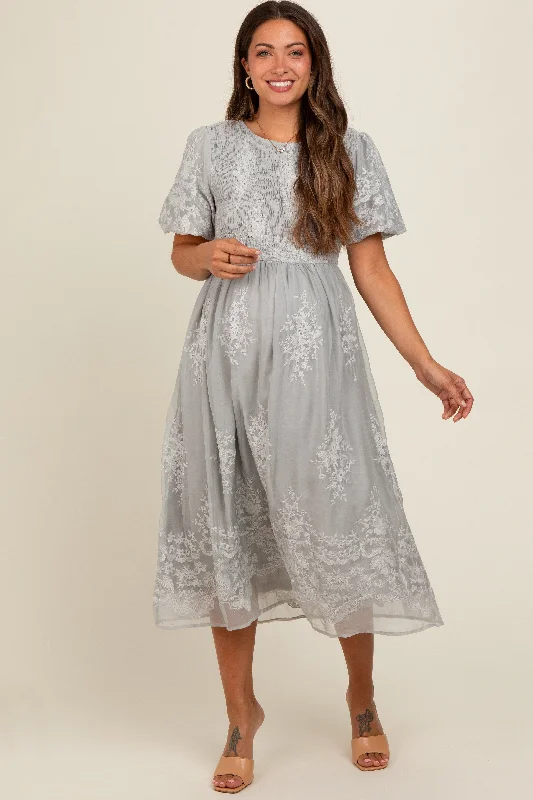 Grey Floral Lace Smocked Maternity Midi Dress Fashionable One-Shoulder Midi Dress