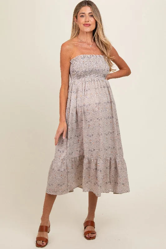 Grey Floral Print Smocked Bodice Tube Top Maternity Midi Dress Stylish High-Waisted Midi Dress Grey Floral Print Smocked Bodice Tube Top Maternity Midi Dress Stylish High-Waisted Midi Dress
