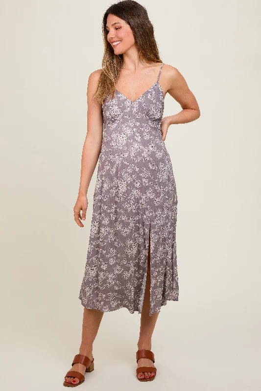 Grey Floral Side Slit Maternity Midi Dress Stylish Long Sleeve Floral Midi Dress
