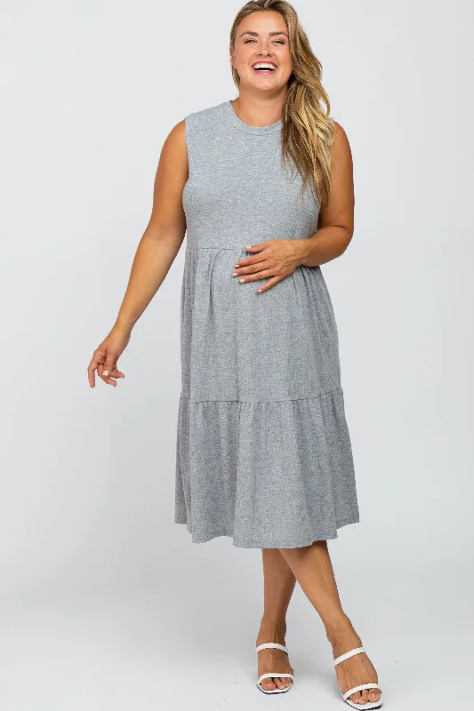 Heather Grey Ribbed Sleeveless Plus Maternity Midi Dress Elegant Lace Trim Midi Dress Heather Grey Ribbed Sleeveless Plus Maternity Midi Dress Elegant Lace Trim Midi Dress