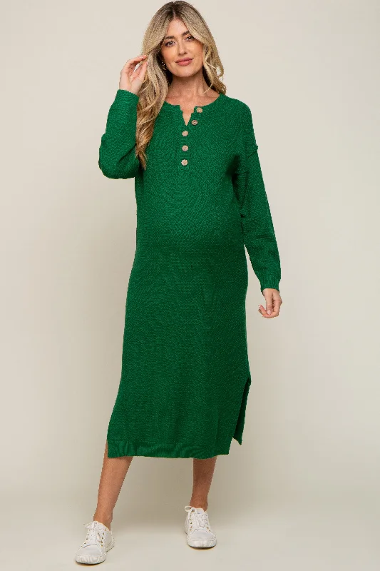 Hunter Green Waffle Knit Button Long Sleeve Maternity Midi Dress Fashionable Polka Dot Midi Dress