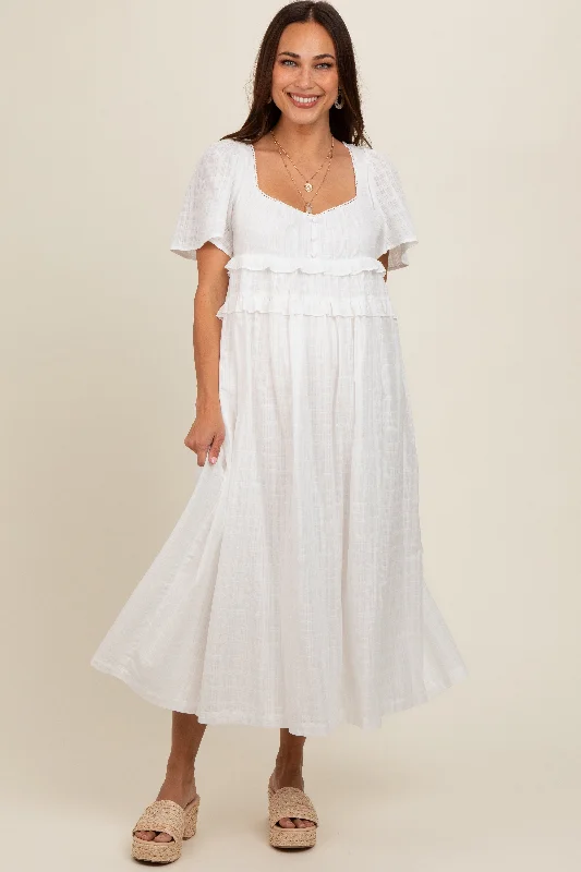Ivory Button Front Lace Trim V-Neck Short Sleeve Maternity Midi Dress Elegant Satin Button Midi Dress