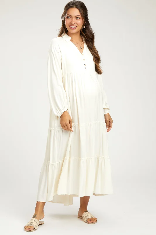 Ivory Button Front V-Neck Ruffle Tiered Maternity Midi Dress Fashionable Fitted Midi Dress