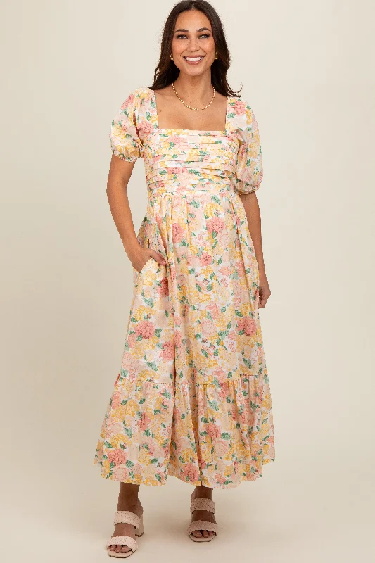 Ivory Floral Pleated Puff Sleeve Maternity Midi Dress Fashionable Wide Leg Midi Dress