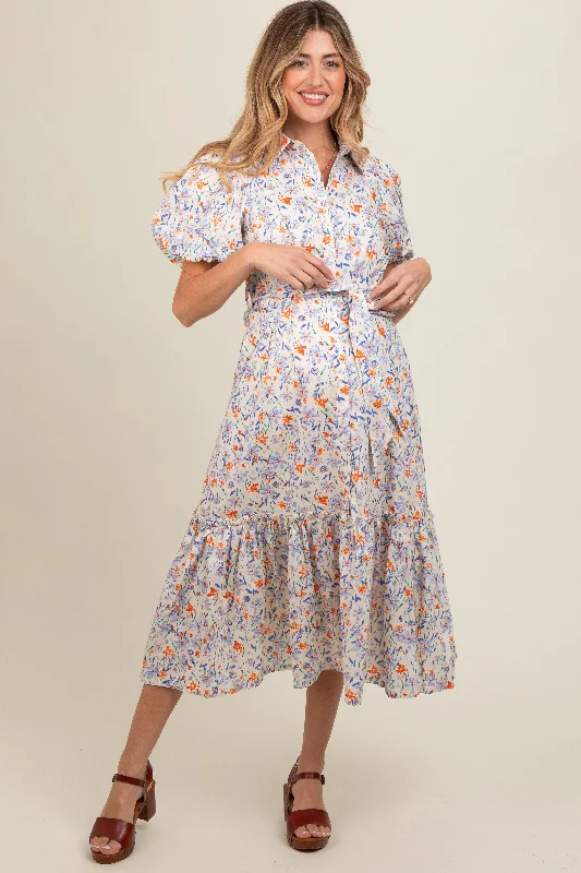 Ivory Floral Puff Sleeve Button Down Maternity Midi Dress Trendy Smocked Detail Midi Dress