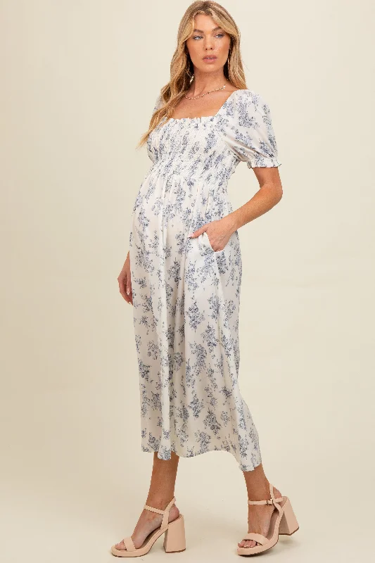 Ivory Floral Smocked Sweetheart Neckline Maternity Midi Dress Fashionable Sheer Sleeve Midi Dress Ivory Floral Smocked Sweetheart Neckline Maternity Midi Dress Fashionable Sheer Sleeve Midi Dress