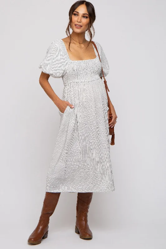 Ivory Striped Linen Smocked Short Puff Sleeve Maternity Midi Dress Cozy Tie-Dye Midi Dress Ivory Striped Linen Smocked Short Puff Sleeve Maternity Midi Dress Cozy Tie-Dye Midi Dress