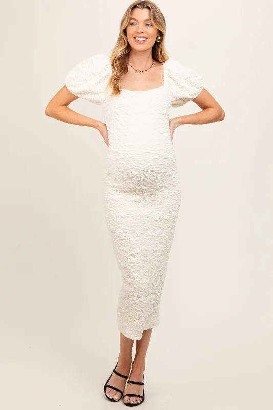 Ivory Textured Square Neck Puff Sleeve Maternity Midi Dress Fashionable Floral Embroidery Midi Dress