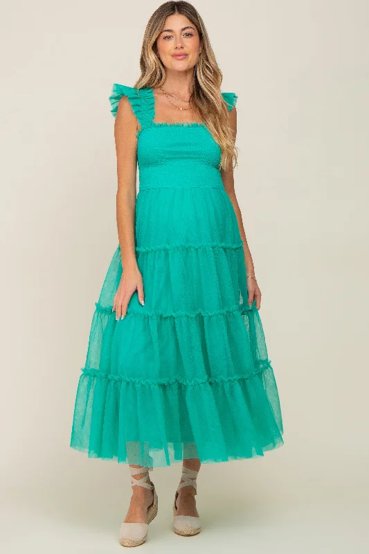 Jade Smocked Mesh Ruffle Accent Maternity Midi Dress Comfortable Wrap Midi Dress