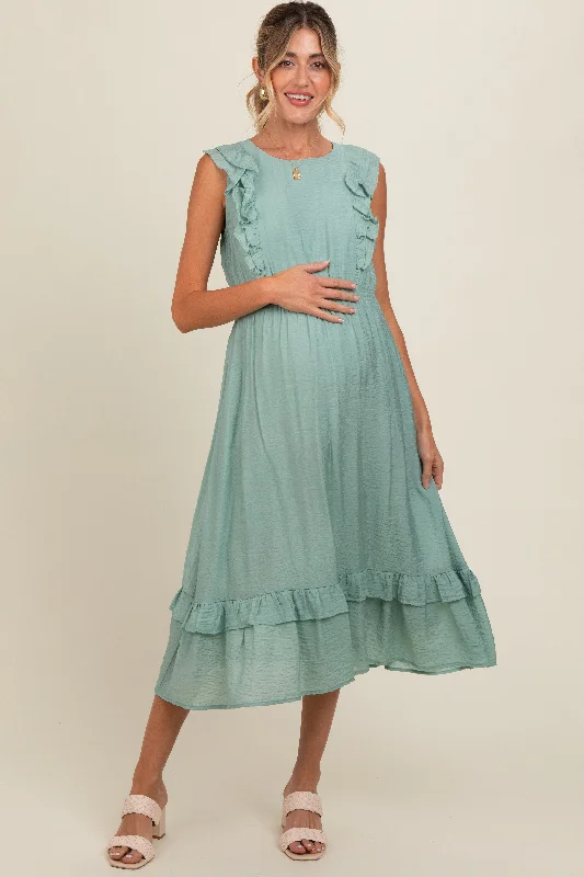 Jade Texture Ruffle Accent Maternity Midi Dress Stylish Halter Neck Midi Dress