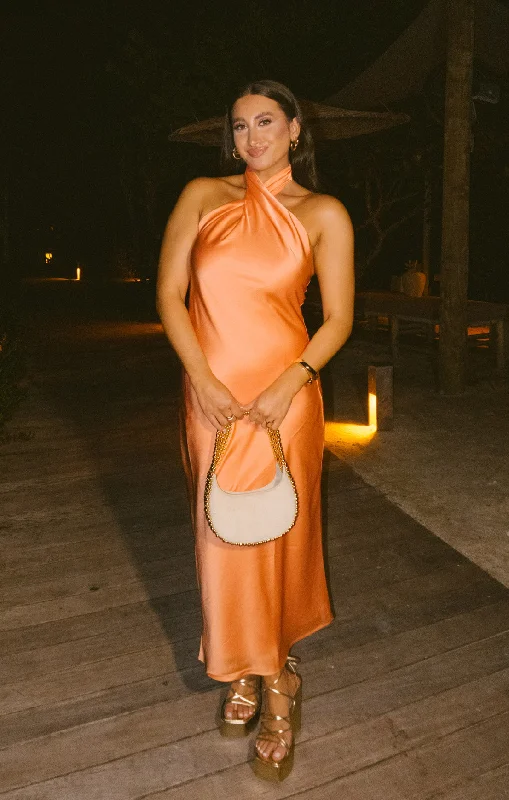 Jasmine Halter Midi Dress ~ Cantaloupe Luxe Satin Fashionable Sheer Sleeve Midi Dress Jasmine Halter Midi Dress ~ Cantaloupe Luxe Satin Fashionable Sheer Sleeve Midi Dress