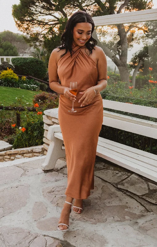 Jasmine Halter Midi Dress ~ Copper Luxe Satin Stylish Animal Print Midi Dress