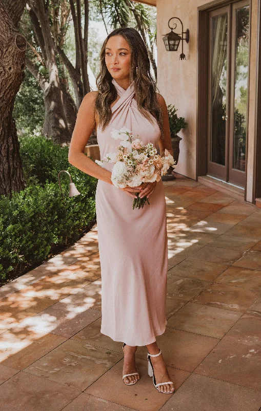 Jasmine Halter Midi Dress ~ Dusty Blush Crisp Fashionable Chiffon Midi Dress