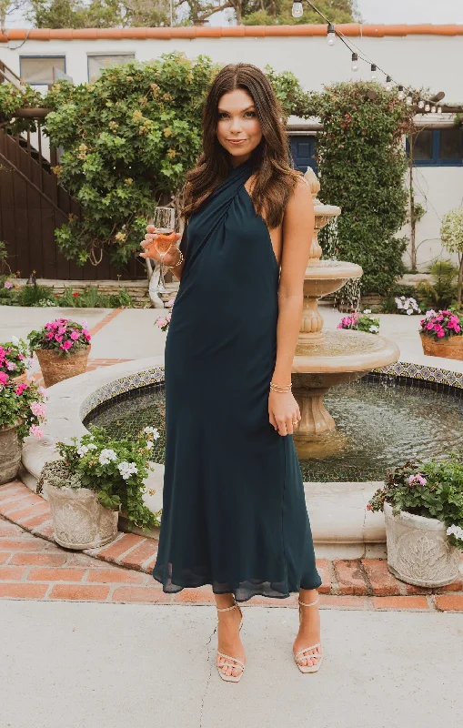 Jasmine Halter Midi Dress ~ Emerald Chiffon Fashionable Off-Shoulder Dress Midi