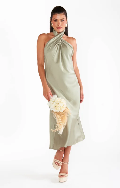 Jasmine Halter Midi Dress ~ Moss Green Luxe Satin Fashionable High-Neck Midi Dress